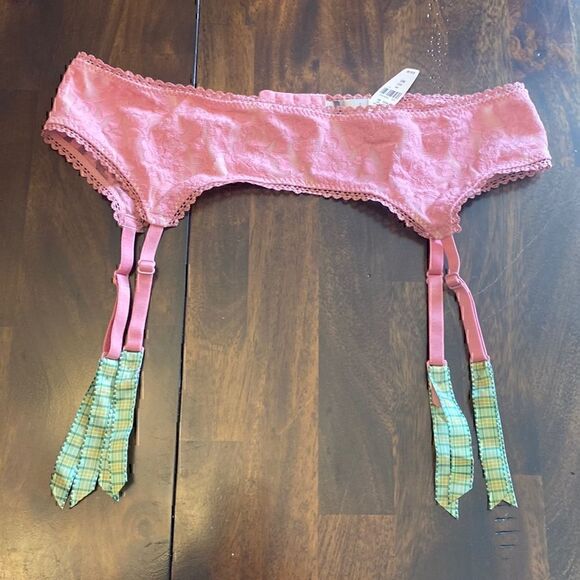 NWT  VS Dusty Rose Pink Lace Green Plaid Garter Belt School Girl Lingerie M/L - Picture 1 of 5